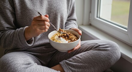 Person Eating Breakfast at Window in Pajamas with Bowl of Granola and Banana