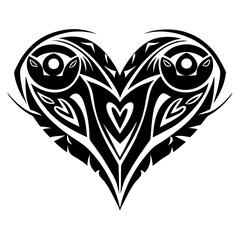 Tribal Heart-Shaped Design with Two Birds and Intricate Feather Details