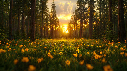 Sunset forest path, wildflowers, golden hour, nature peace