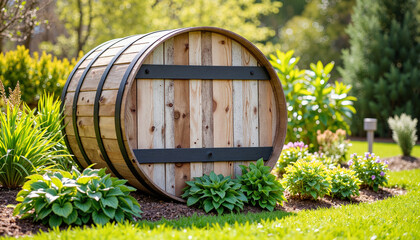 Naklejka premium Rustic wooden rain barrel in vibrant garden during spring, eco-friendly