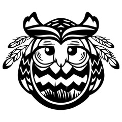 Stylized Owl Character with Big Eyes and Decorative Feathers in Black and White