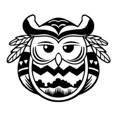 Stylized Owl Character with Big Eyes and Decorative Feathers in Black and White