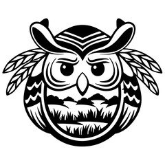 Stylized Owl Character with Big Eyes and Decorative Feathers in Black and White