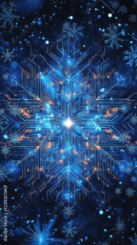 Poster a digital snowflake design with glowing circuits and falling snow