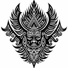 Intricate Tribal Warrior Mask Design with Decorative Elements and Geometric Patterns