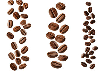 Naklejka premium coffee beans set png. coffee beans falling down isolated. delicious and aromatic coffee bean png. coffee beans flying. coffee beans for coffee shop branding, recipe visuals, or beverage advertisements