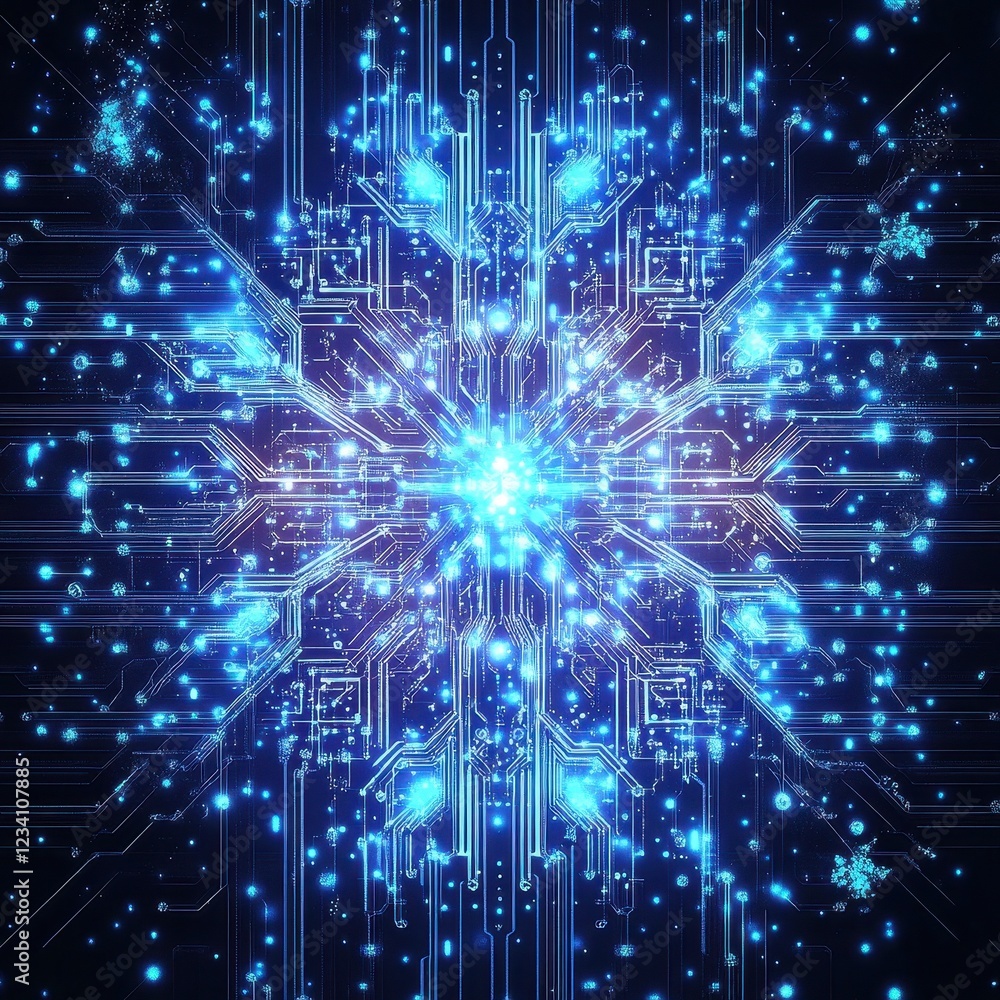 Poster abstract digital circuitry snowflake design
