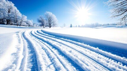 Bright Winter Landscape with Snow Tracks