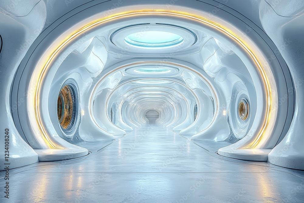 Poster futuristic corridor with smooth, curved architecture and soft lighting.