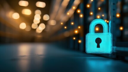 Warehouse Security and Cybersecurity Secure network interface with lock icon, protecting warehouse data and systems