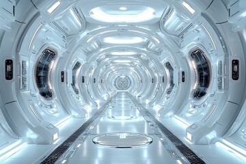 Obraz premium Futuristic corridor with sleek, illuminated design and circular windows.