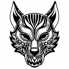 Intricate Line Art of Fierce Wolf Head with Bold Geometric Patterns and Aggressive Expression