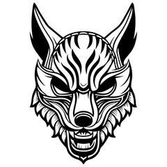 Intricate Line Art of Fierce Wolf Head with Bold Geometric Patterns and Aggressive Expression