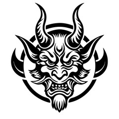 Traditional Demon Mask with Horns and Intense Expression in Black and White Line Art