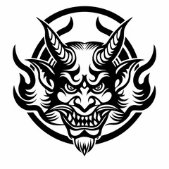 Traditional Demon Mask with Horns and Intense Expression in Black and White Line Art