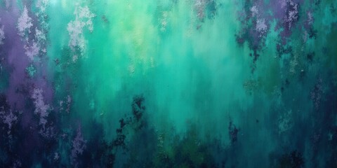 Vibrant textures swirl in lush greens and serene blues, punctuated by deep purples; an intricate tapestry of nature's hues merging seamlessly into a mesmerizing close-up
