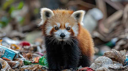 Fototapeta premium Red Panda Amongst Garbage in a Wide Angle View Showcasing Habitat and Environmental Concerns
