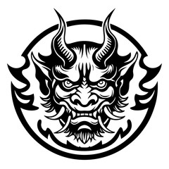 Traditional Demon Mask with Horns and Intense Expression in Black and White Line Art