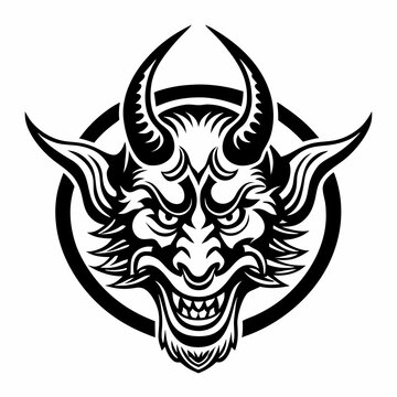 recommend clip art: Traditional Demon Mask with Horns and Intense Expression in Black and White Line Art