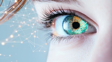 Eye Tracking Technology Close up of an eye with digital tracking lines and grid overlay, white background, focus on UX design and research