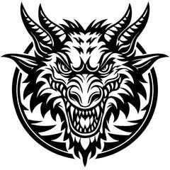 Intricate Line Art of Demon Wolf Hybrid with Horns and Aggressive Expression