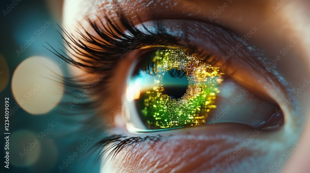 Poster eye data visualization eye with holographic projections of data and information, futuristic hud inte