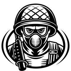 Stylized Line Art of Soldier in Gas Mask with Helmet and Tactical Gear