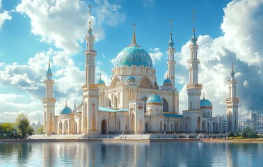 Obraz premium Grand Mosque with Turquoise Domes Beside Water Under Cloudy Blue Sky
