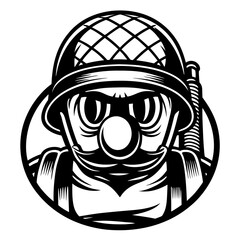 Stylized Line Art of Soldier in Gas Mask with Helmet and Tactical Gear