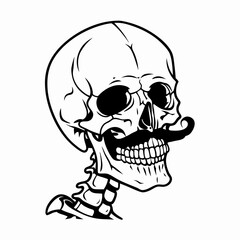 Line Art of Skull with Mustache in Profile, Vintage and Playful Design