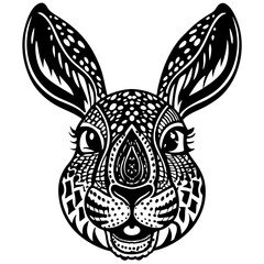 Intricate Line Art of Rabbit Face with Detailed Floral and Geometric Patterns