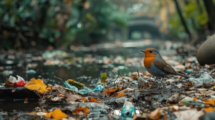 Robin Bird Among Garbage in a Wide Angle Shot Capturing Nature's Struggles and Urban Pollution