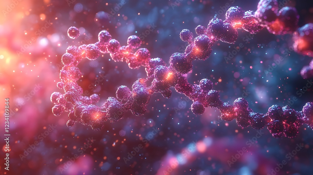 Poster closeup 3d rendering of dna with surrounding molecular structures and chemical reactions depicted in