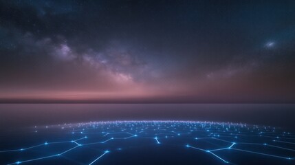Celestial Network: A Night Sky Over a Glowing Digital Ocean