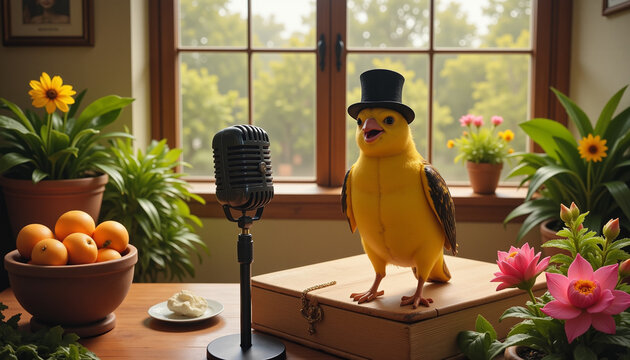 Singing canary in a top hat on a perch, whimsical artistry