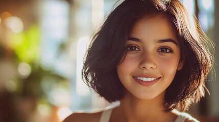 Obraz premium Smiling brunette teenage girl enjoying nature in a summer park