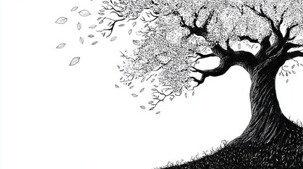 Windswept tree, autumn leaves falling, nature illustration, book cover