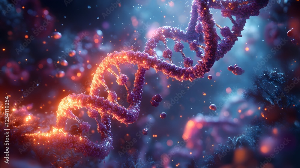 Poster closeup 3d rendering of dna with surrounding molecular structures and chemical reactions depicted in