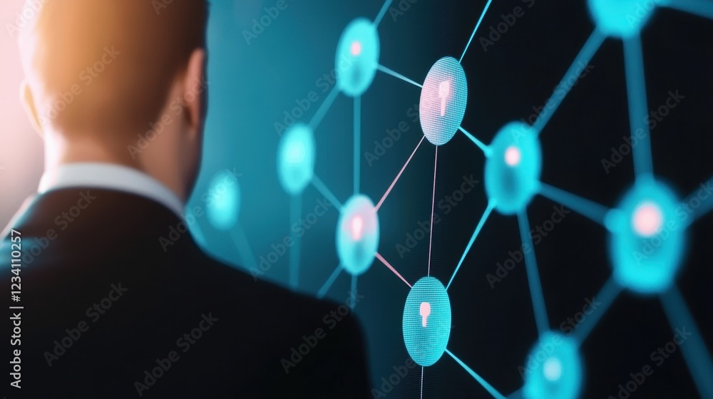 Poster businessman analyzing digital data network connection