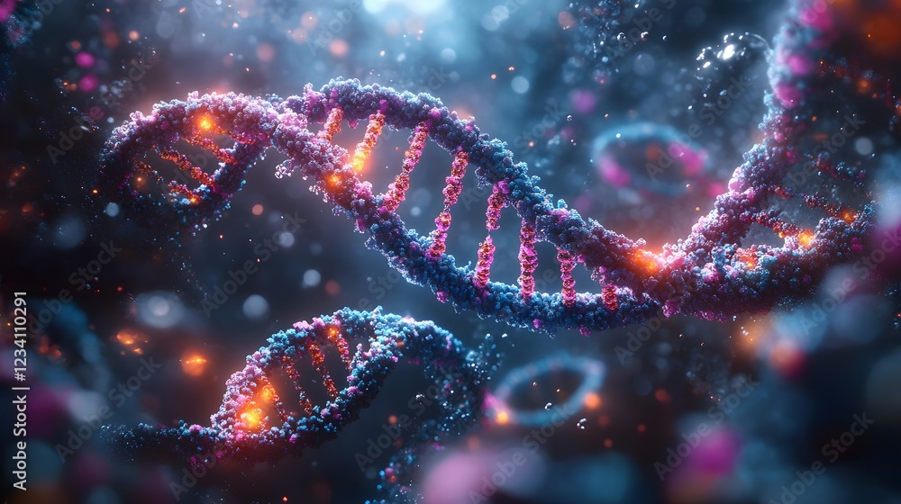 Poster closeup 3d rendering of dna with surrounding molecular structures and chemical reactions depicted in