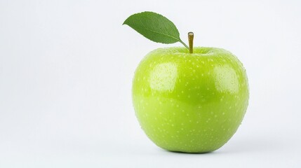 A single green apple with leaf sits on white background