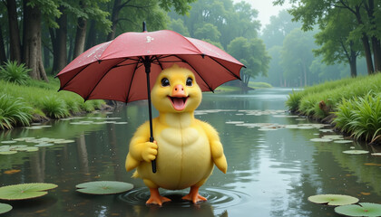 Happy duckling holding red umbrella in rainy river, playful whimsy
