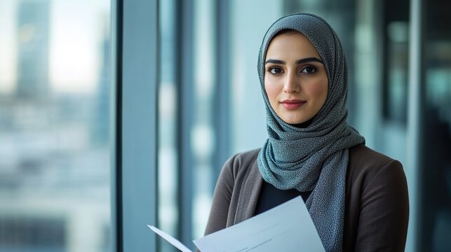 Woman in hijab holding documents standing near office window
