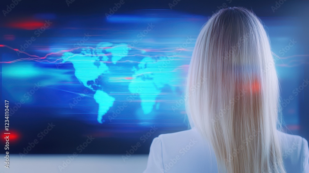 Poster person viewing digital world map with data lines