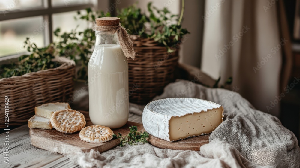 Aufkleber fresh milk and cheese displayed on a rustic table with cookies and greenery in the background