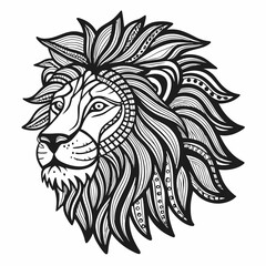 Intricate Line Art of Lion Head with Detailed Mane and Geometric Patterns