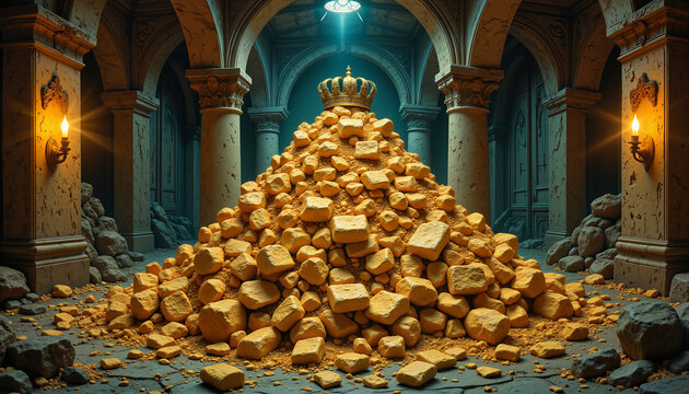 Majestic crown atop gold bar mound in underground vault, wealth symbolism