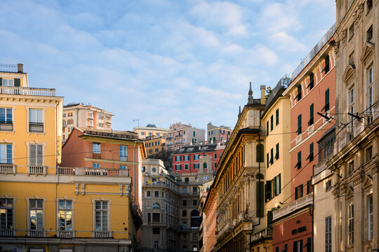Fototapeta Perspective of the old buildings and streets in Genoa, Liguria, Italy
