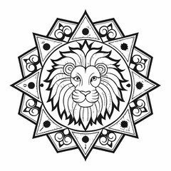 Fototapeta premium Intricate Line Art of Lion Head Surrounded by Floral Mandala Patterns