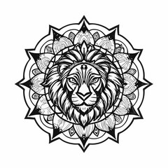 Fototapeta premium Intricate Line Art of Lion Head Surrounded by Floral Mandala Patterns